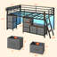 Lit mezzanine simple avec 7 tiroirs de rangement et lumières DEL, échelle inclinée et espace de jeu sous le lit-828636047-837746466