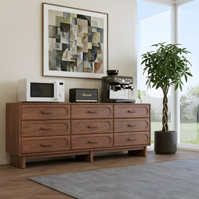 Meuble télé Mid-Century à 9 tiroirs, commode en noyer 70,86 po pour salon