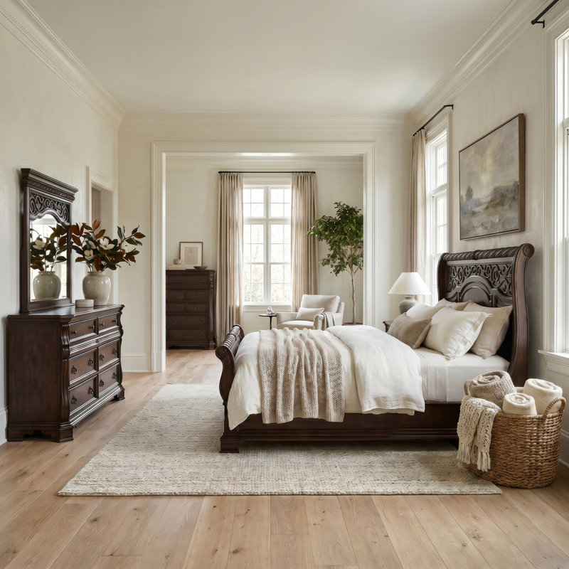 Ensemble de chambre à coucher avec lit-bateau, commode et miroir Ashyla, Très grand lit, 4 pièces: lit, 2 commodes, miroir