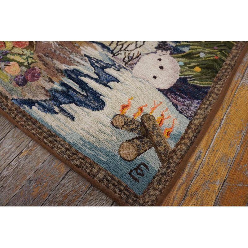 Antique Scenic Seasonal Landscape American Folk Art Hooked "Seasons" Rug