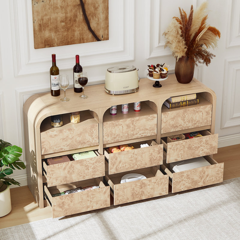 59'' W 9 Drawer Burl Wood Dresser, Natural