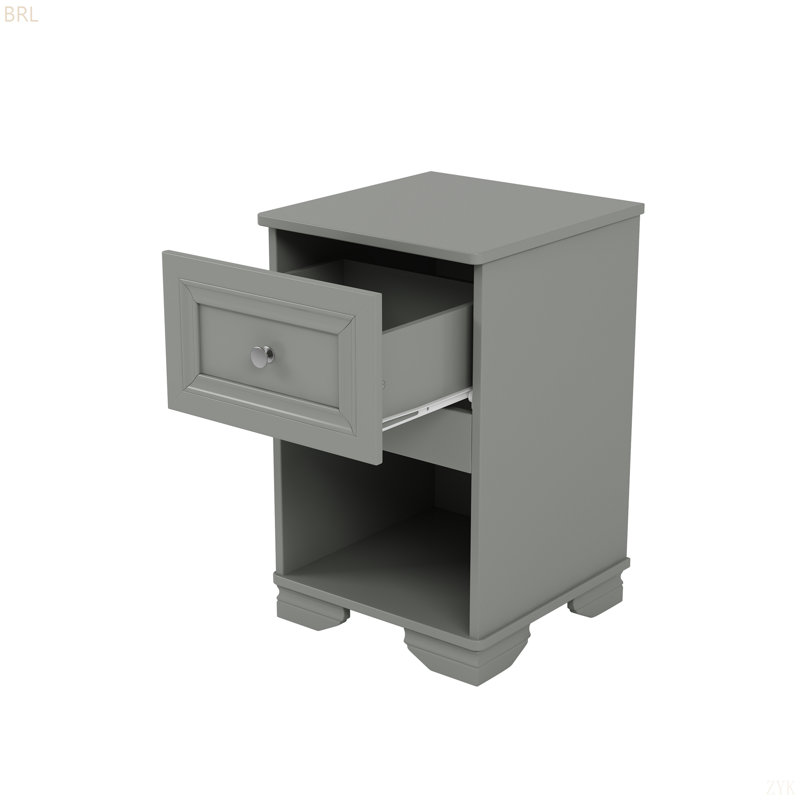 Table de chevet de style rétro avec tiroir et tablette ouverte pour chambre à coucher, table de chevet de style rétro avec design classique et poignée en métal, gris