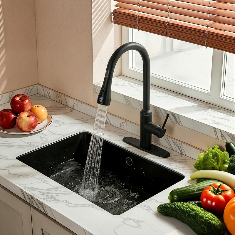 Robinet de cuisine rétractable avec capteur tactile et plaque de pont, Noir mat