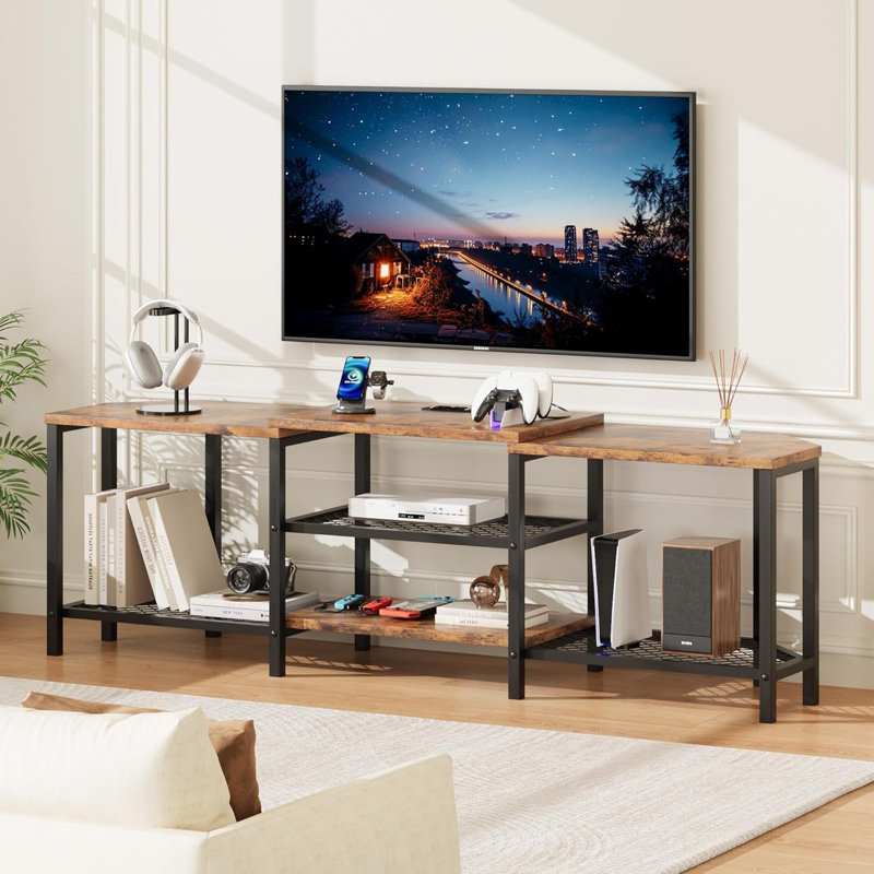 Corner TV Stand up to 75", Media Console with 4 Open Shelves & Power Outlets, Brown, Brown