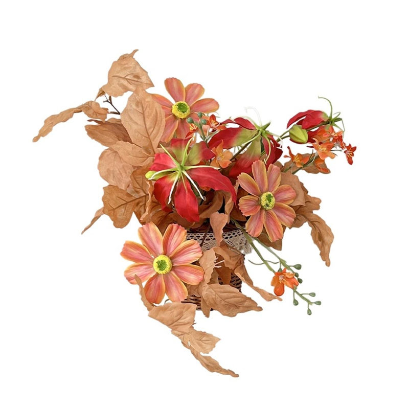 Panier de fleurs murales artificielles murales, arrangement floral en osier tissé à la main, Orange