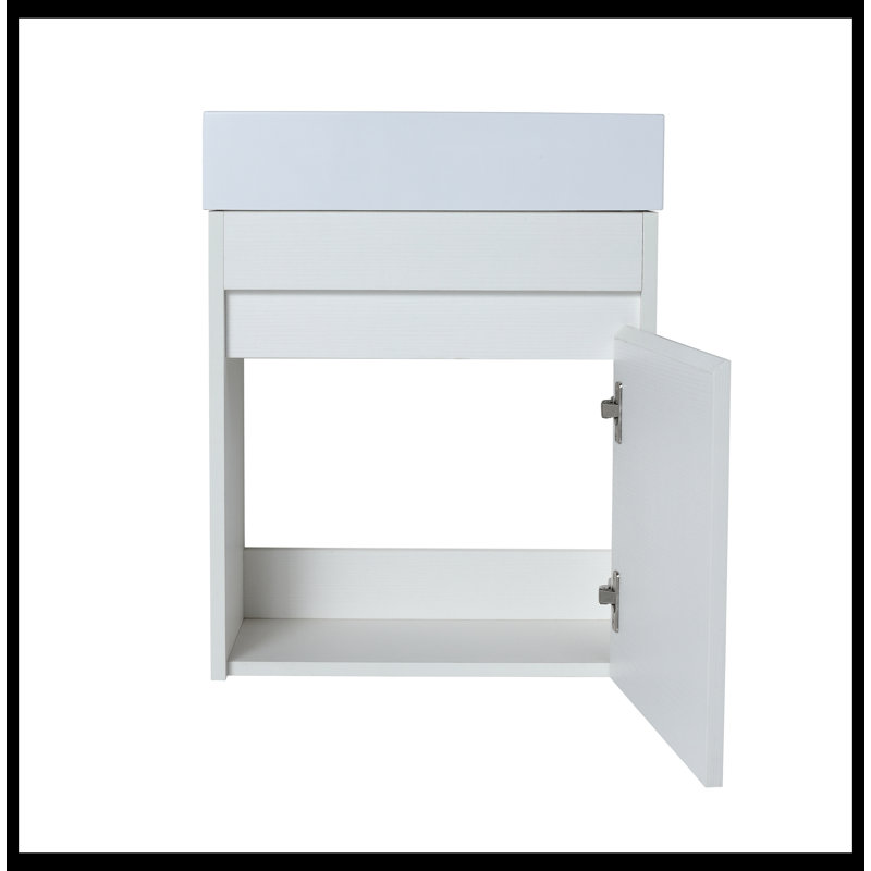 Meuble-lavabo mural 18 po avec lavabo en résine blanche et porte d'armoire à fermeture en douceur 18 po, Grain droit blanc