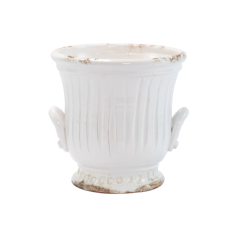 Rustic White Ceramic Handled Cachepot for Indoor/Outdoor Plants