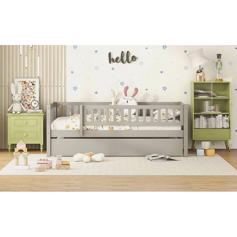 Lit de jour simple en bois avec couchette et garde-corps, Gris