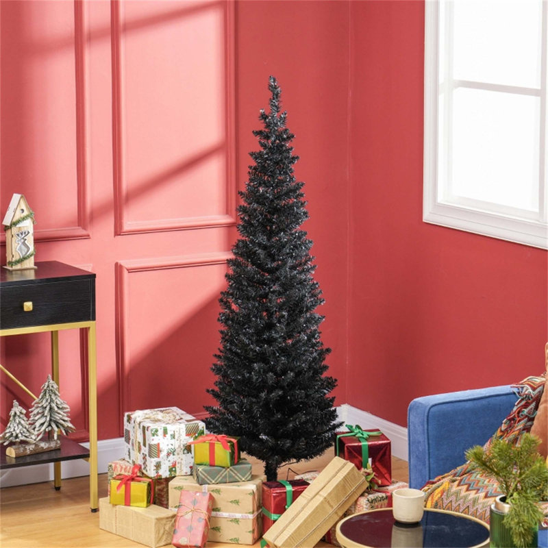 Arbre de Noël mince pré-éclairé - Arbre artificiel étroit avec lumières DEL et support en métal, convenant à un décor d'appartement ou de bureau