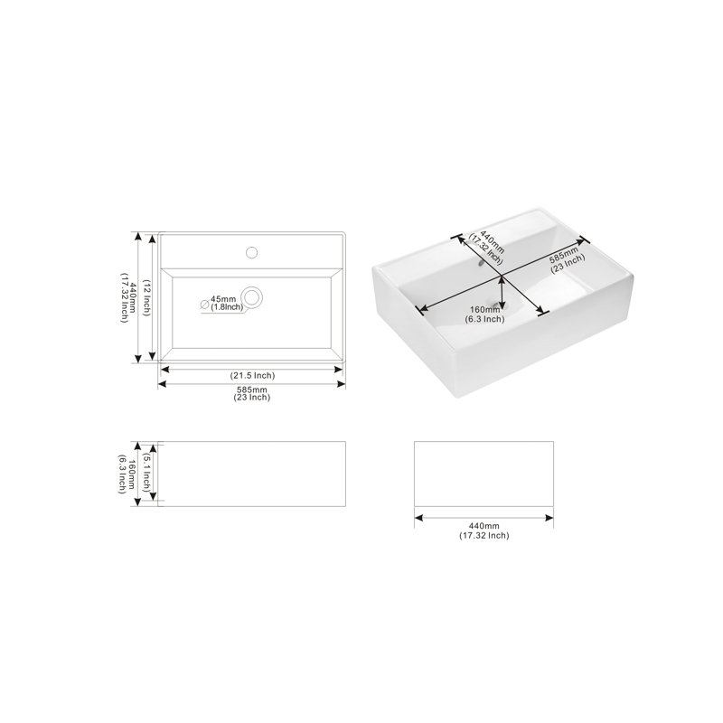 Glossy White Ceramic Rectangular Above-Counter Bathroom Sink