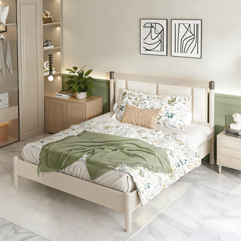 Grand lit en bois massif, Beige, Grand lit