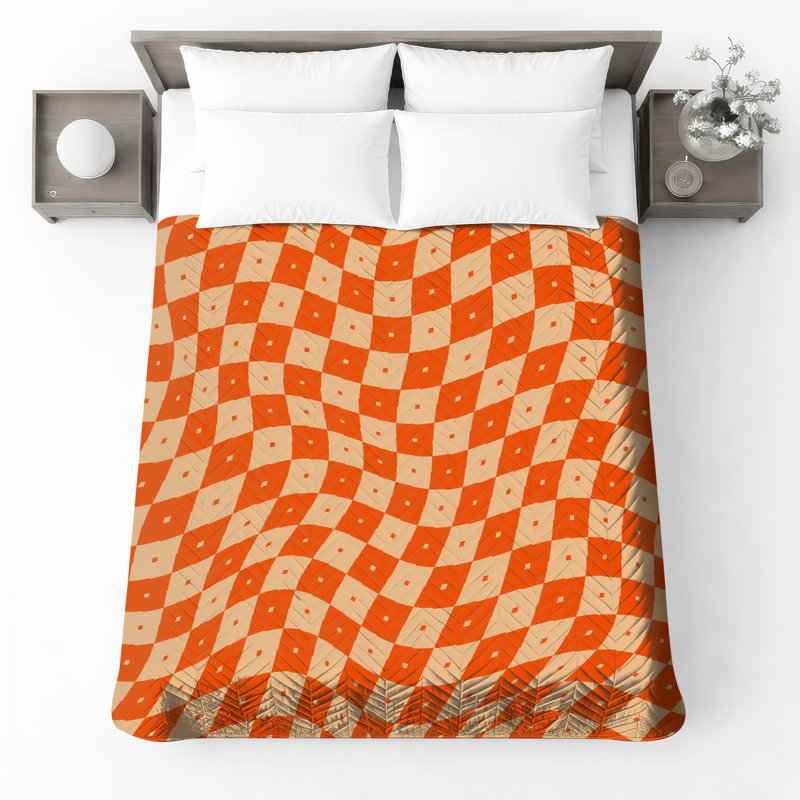 Orange Beige Checkered Quilted Bedspread All Sizes, Full / Double