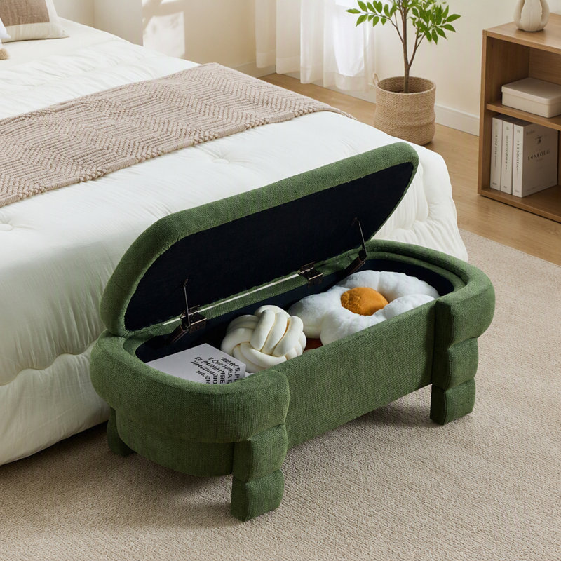 Pouf avec rangement dissimulé et revêtement en chenille, Vert, Vert, Vert