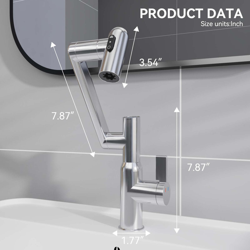 Bathroom Sink Faucet with Spray Function and Temperature Display for Anti-Skid Switch and Hot & Cold and 360° Rotary, Chrome