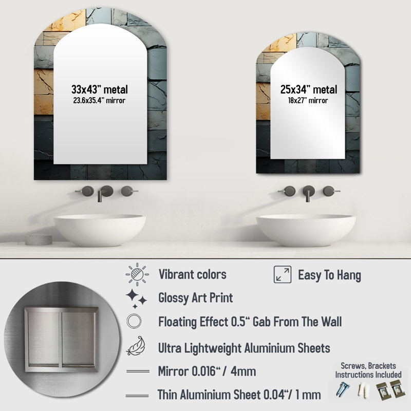 Grey and black Urban Cubist stones II - Cubism Asymmetrical Wall Mirror, Modern Arch Decorative Mirror, Printed Metal Art