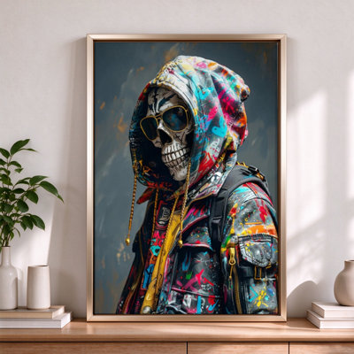 Portrait graffiti de crâne masqué, toile encadrée, cadre beige, 40 x 60 cm