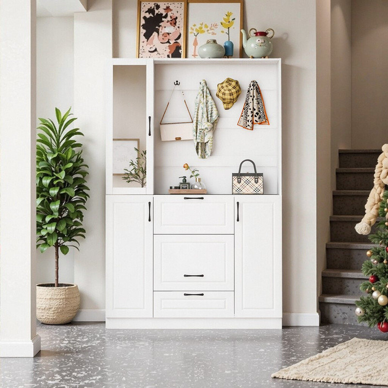 51.1'' Hall Tree Entryway Bench With Integrated Shoe Storage, 4 Hooks, Foldable Seat & Mirror