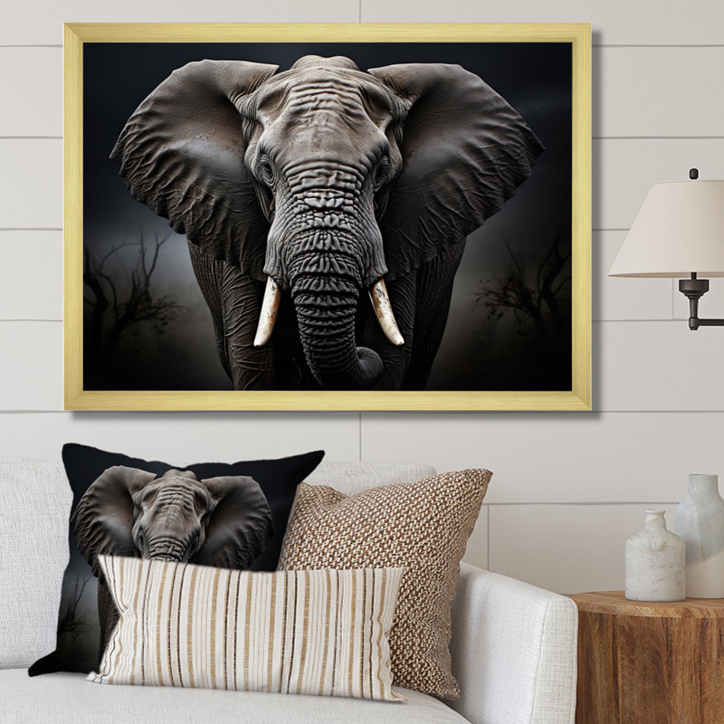 Éléphant silencieux majestueux III - Éléphant, art mural, H 16 po x l 32 po x P 1 po, Encadrement doré