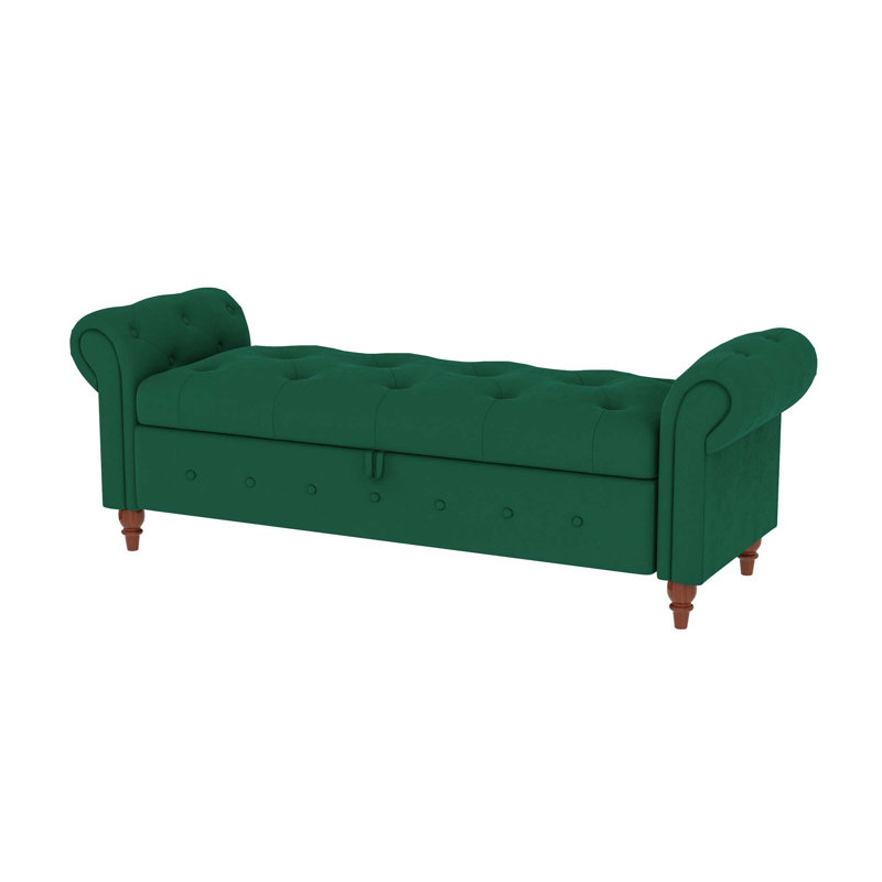 Javelyn Velvet Upholstered Storage Bench, Green, Light Brown