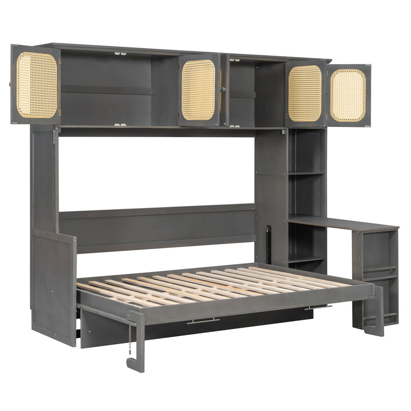 Lit escamotable double avec bureau et armoires en rotin, lit mural gain de place pour bureau à domicile, gris antique, 1 pièce