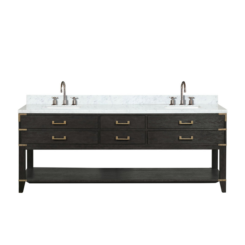 Ensemble de meuble-lavabo double avec plateau en marbre de Carrare et robinet, Noir, noir, noir, noir