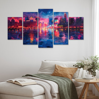 Ensemble de salon avec art mural rose et bleu Neon Nights Casinos II