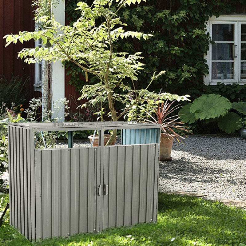 Metal Garbage Bin Shed For Lawn - Grey Accommodates 2 Trash Cans Galvanized Steel, , Rust, Scratch-, Cleanable With Spray Rot-, Ventilated Lifting Springs
