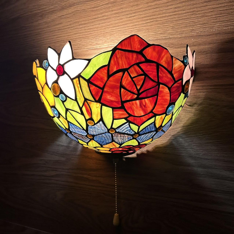 Kaydence Tiffany Sconces Lamp Blue Red Orange Stained Glass Half Moon Rose Flowers Pull Chain Switch LED Bulb 12"W*6"D*7"H