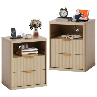 Fluted Nightstand with Charging Station, Modern Bedside Table with 1/2/3 Drawers & Open Storage, Metal Handles, Curved Edge, for Bedroom & Living Room