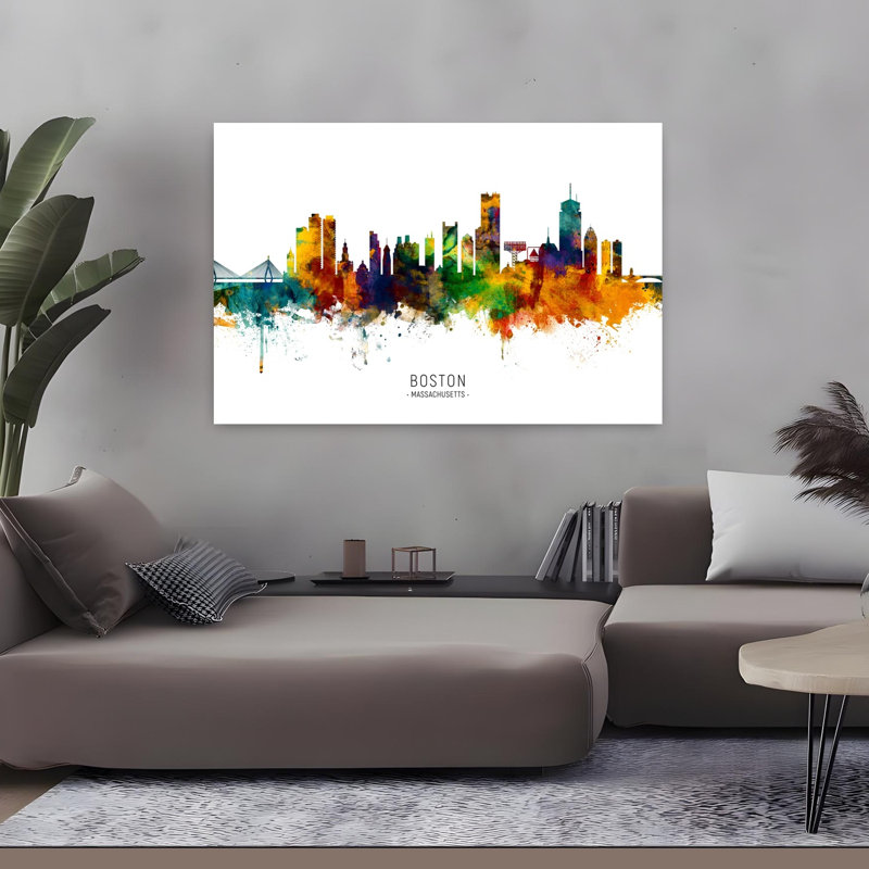 «Boston Watercolor Skyline Abstract Contemporary City Architecture», art mural, H 32 po x l 48 po