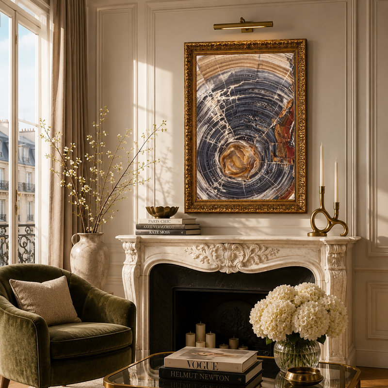 Art mural sur toile, "Petrified Wood Slice" avec anneaux bruns et gris, 18"H x 12"W