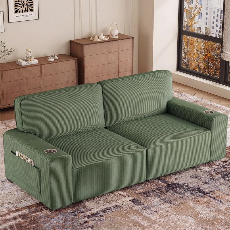 Modern 220CM 3-Seater Corduroy Sofa With Ultra-Wide Square Armrests, Cup Holders and Storage Pockets, Green