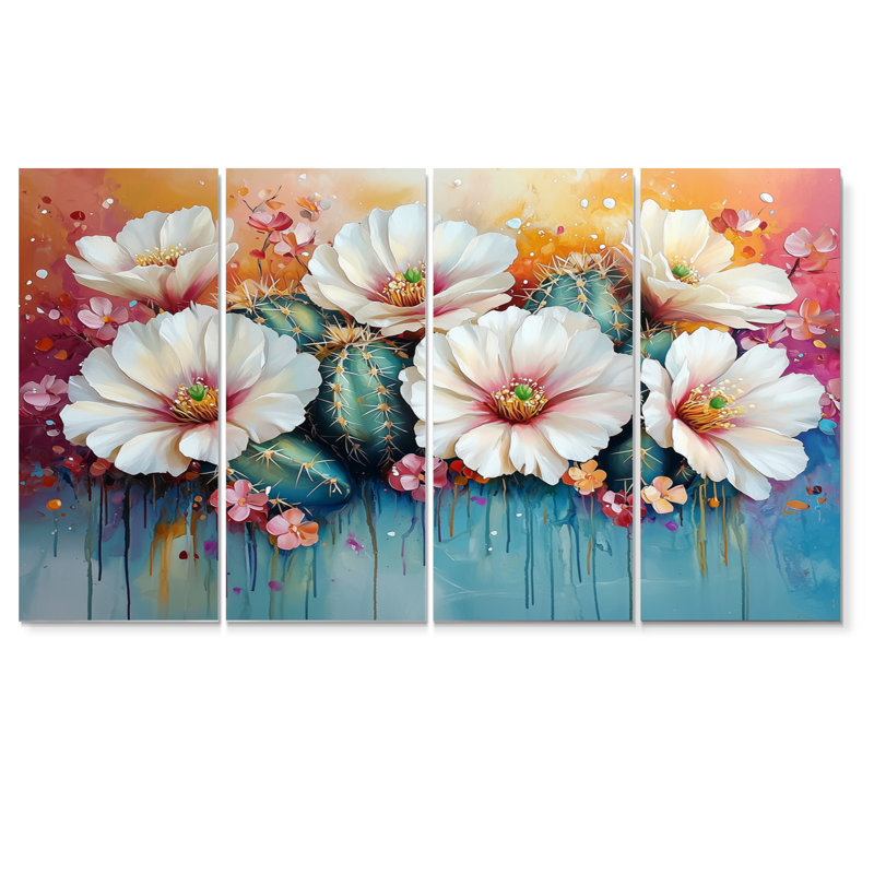 Beauté rose cactus blanc - Art mural floral cactus - Art mural traditionnel pour le salon, H 28 po x l 48 po, 4