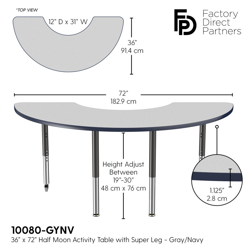 Table d'activité demi-lune 36 "x 72" avec pieds réglables, Super, Grey/Navy/Black