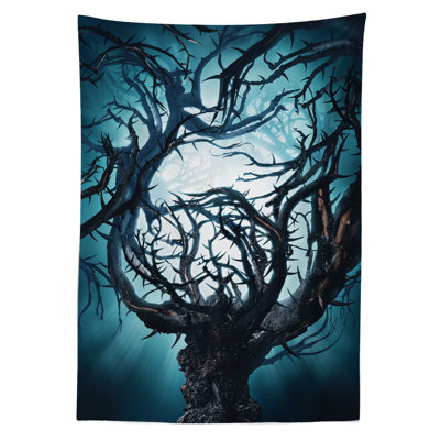 Ambesonne Mystic Tablecloth, Big Mystic Tree With Big Thorns Branch In Spooky Night Fantasy Illustration Print, Rectangular Table Cover For Dining Room Kitchen Decor, 52" X 70", Teal White