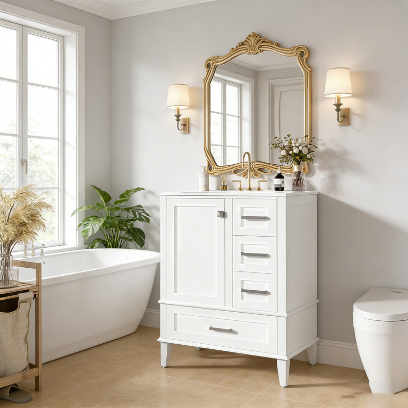 Meuble-lavabo simple avec plateau en céramique Shalimar, armoire de rangement moderne avec porte à fermeture douce et structure en bois massif, style autoportant