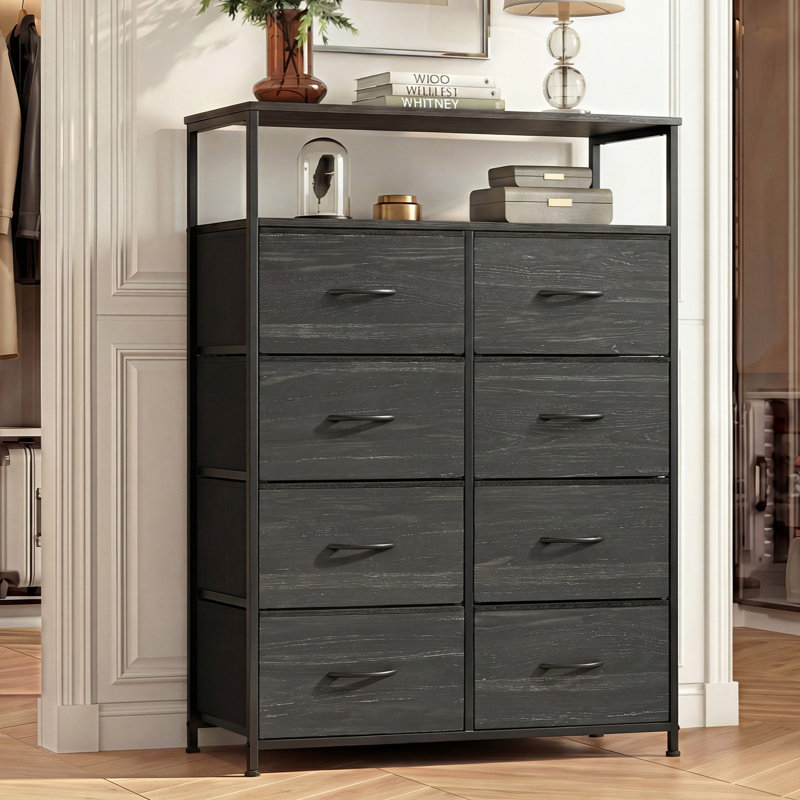 Ojaswi 8-Drawer Black Dresser With Open Media Shelves, Tall Dresser With Wooden, Storage Tower With Sturdy Frame, Chest of Drawer For Closet, Hallway