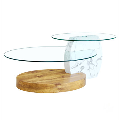 Table basse contemporaine à double couche artistique - marbre blanc et texture de grain de bois, plateau en verre trempé, plusieurs couleurs disponibles