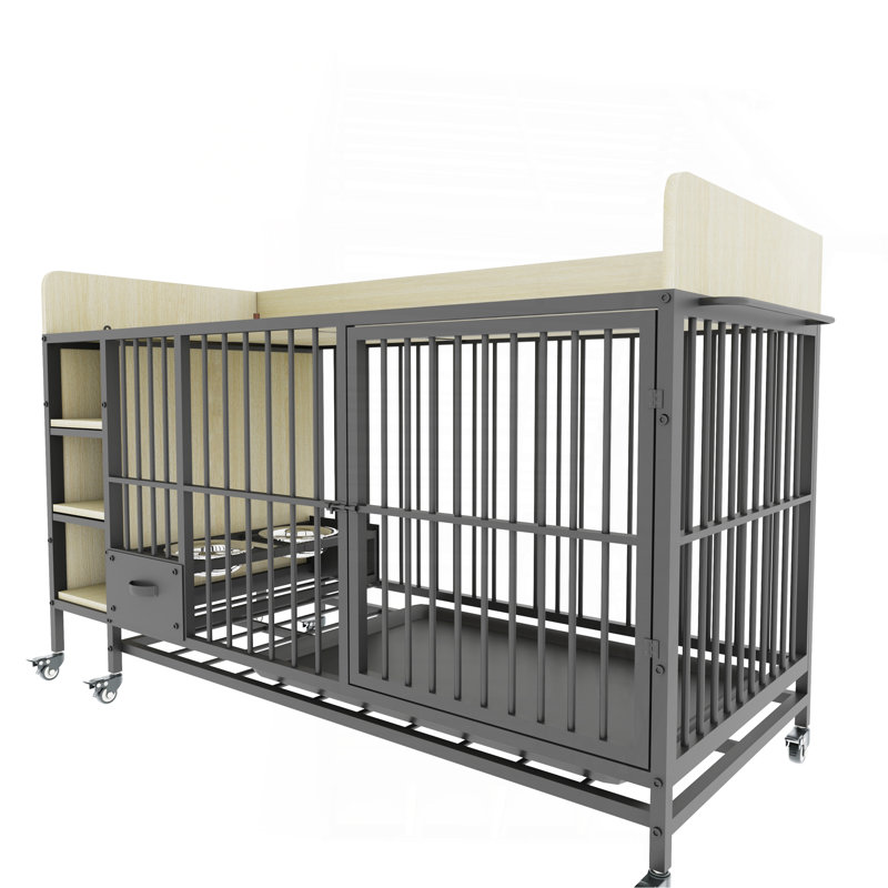 Grande cage pour animaux de compagnie avec support de rangement, tiroirs avec bac à nourriture et à eau en acier inoxydable, structure en fer et matériau en bois aggloméré, robuste, exquis et pratique (noir + beige)