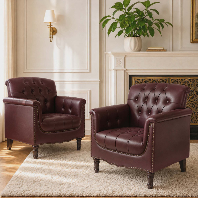 Enoks Tufted Leather Armchair, Dark Red Faux Leather