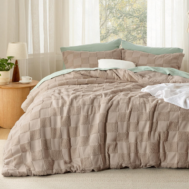 Ensemble d'édredon pour lit ferme à carreaux touffeté Boho, 230GSM, Édredon pour très grand lit + 2 taies décorativ, Kaki