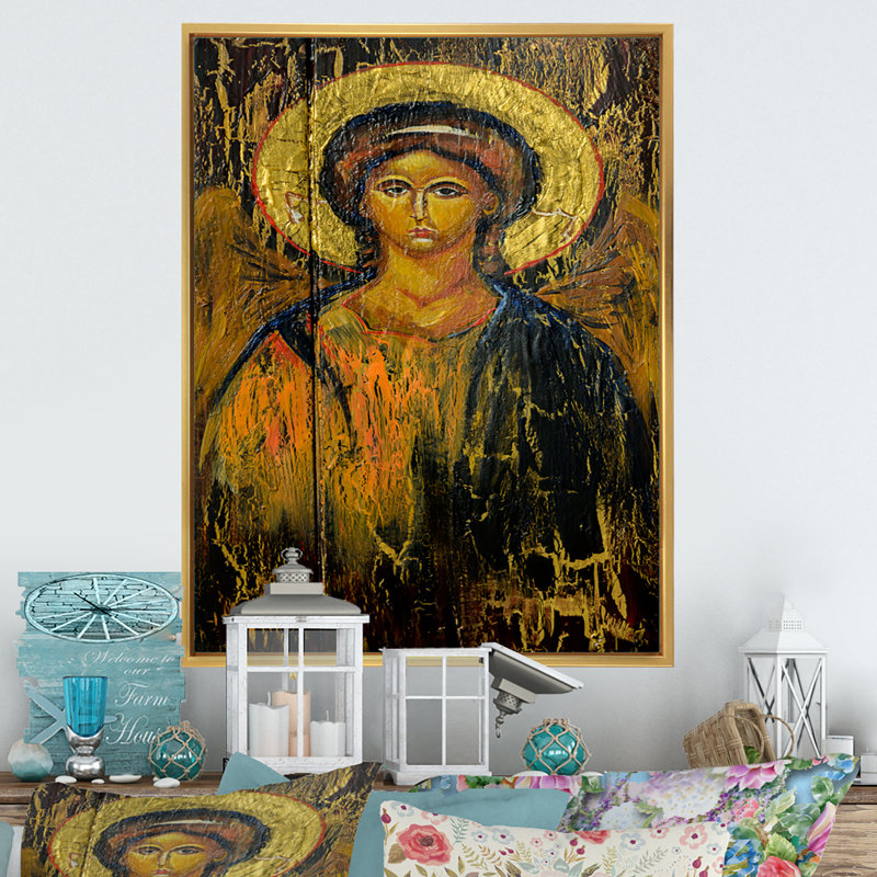Ange religieux, œuvre d'art II - peinture sur toile, H 32 po x l 16 po x P 1 po, Cadre flottant doré