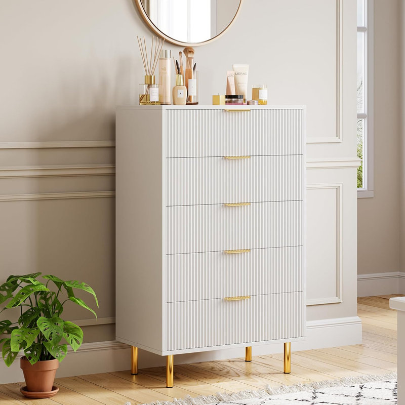 Modern Natural 5 Drawer Dresser – Stylish Wood Chest with Gold Handles, Large Storage Drawers, Elegant Organizer for Bedroom, Living Room, Entryway