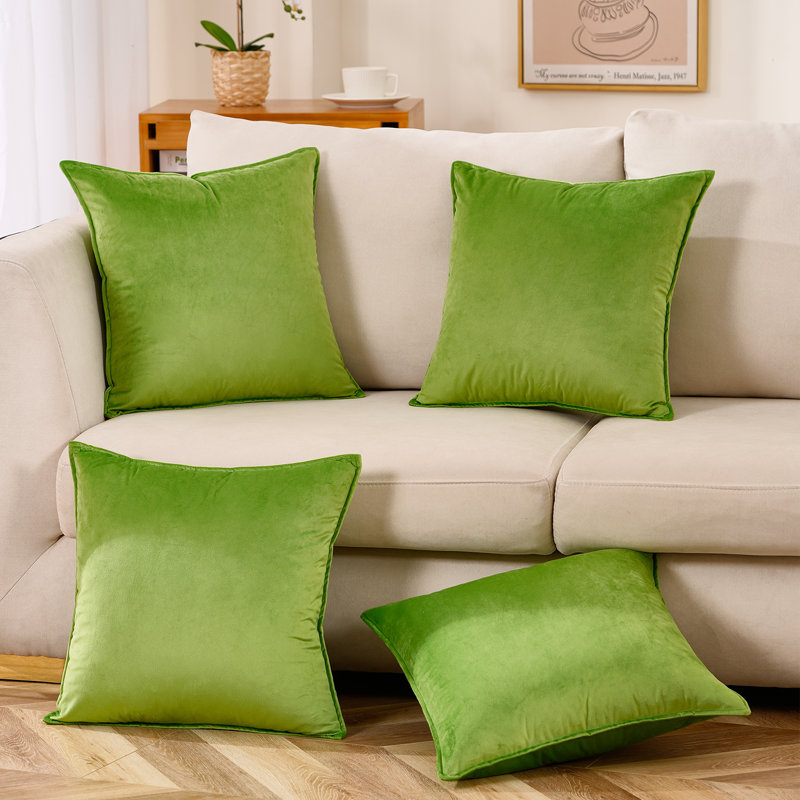 Set Of 4 Throw Velvet Cushion Covers, Apple Green, 16"H x 16"W