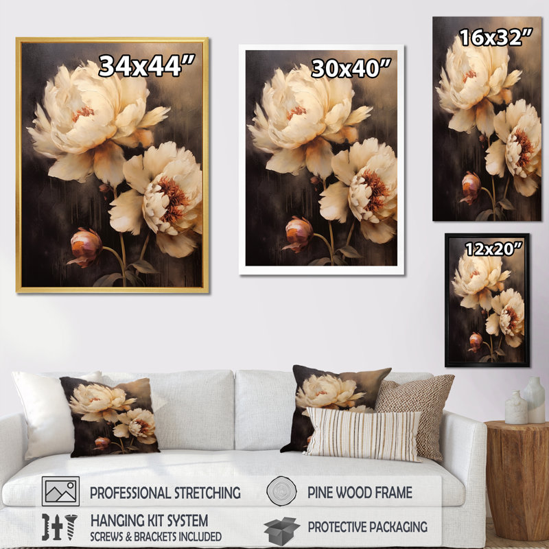 Pivoines botaniques rétro dévoilées III, H 40 po x l 30 po x P 1,5 po, Cadre photo noir
