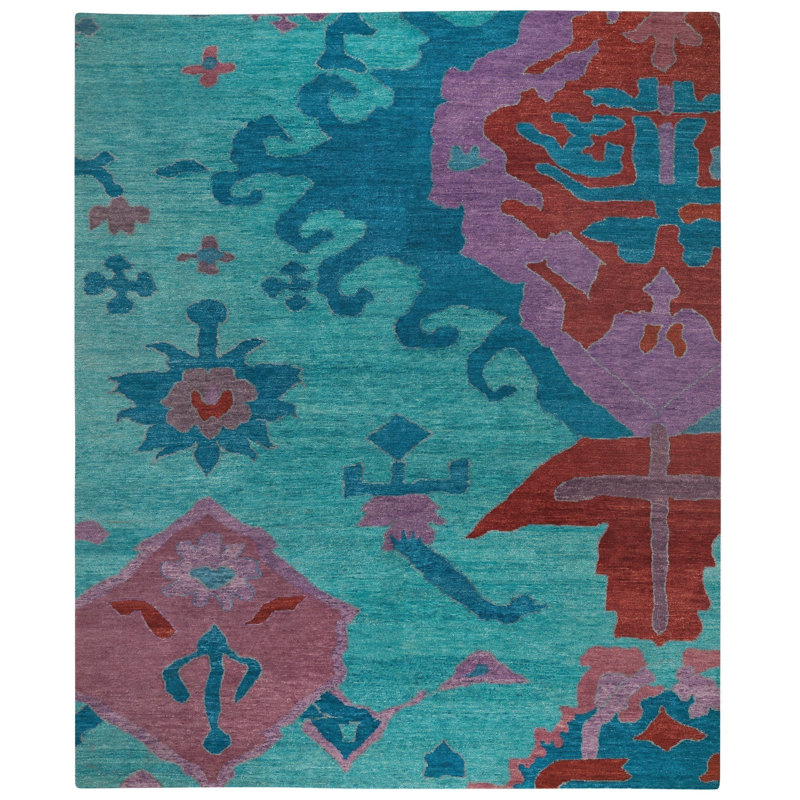 Volos Wool Abstract Area Rug in Blue/Pink/Red, Rectangle 5'6" x 8'6"