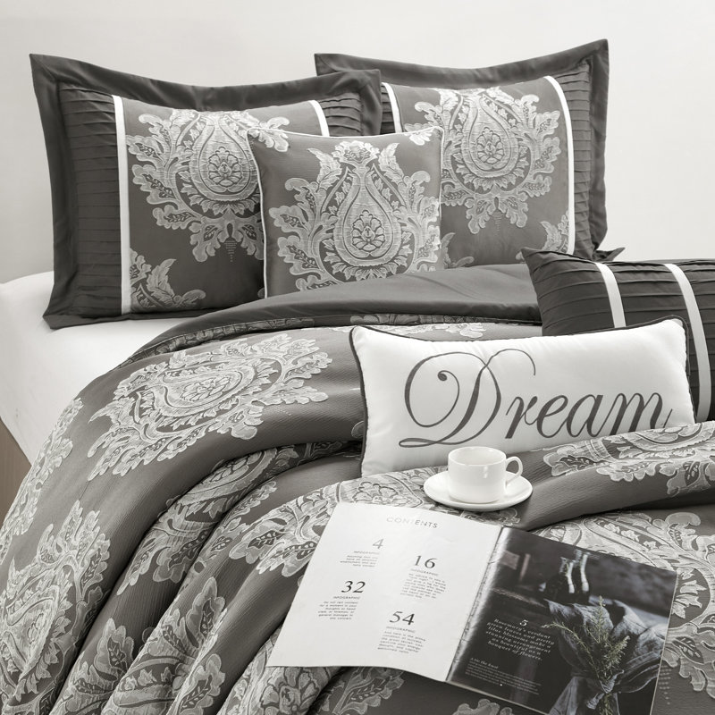 Therese Microfiber Jacquard 15 Piece Comforter Set, Grey, King