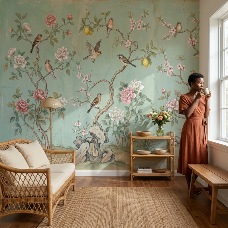 Papier peint mural rétro avec motif floral, sauge, fond vert, oiseaux sur branches, 140 po x 108 po, Non tissé