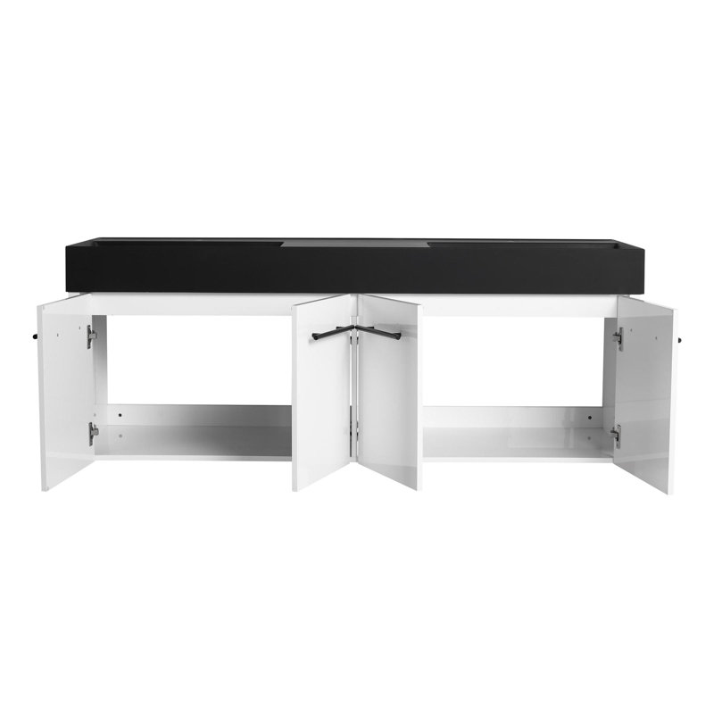 Meuble-lavabo mural 60 po avec lavabo, lavabo en résine noire à double rebord épais, ensemble KD, Noir, noir, noir, noir