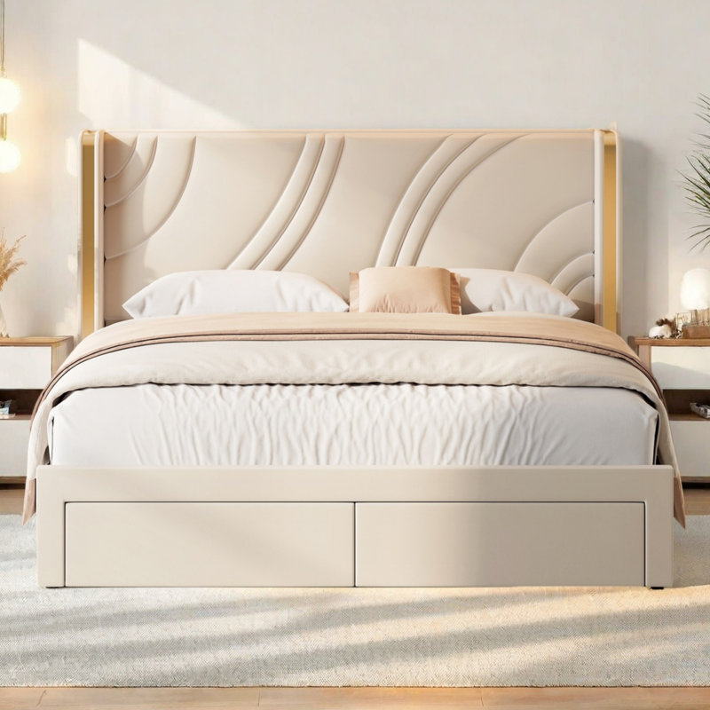 Structure de lit moderne tapissier à DEL avec tiroirs de rangement, lit plateforme en velours avec tête de lit à oreilles, lumière RVB, support de lattes en bois